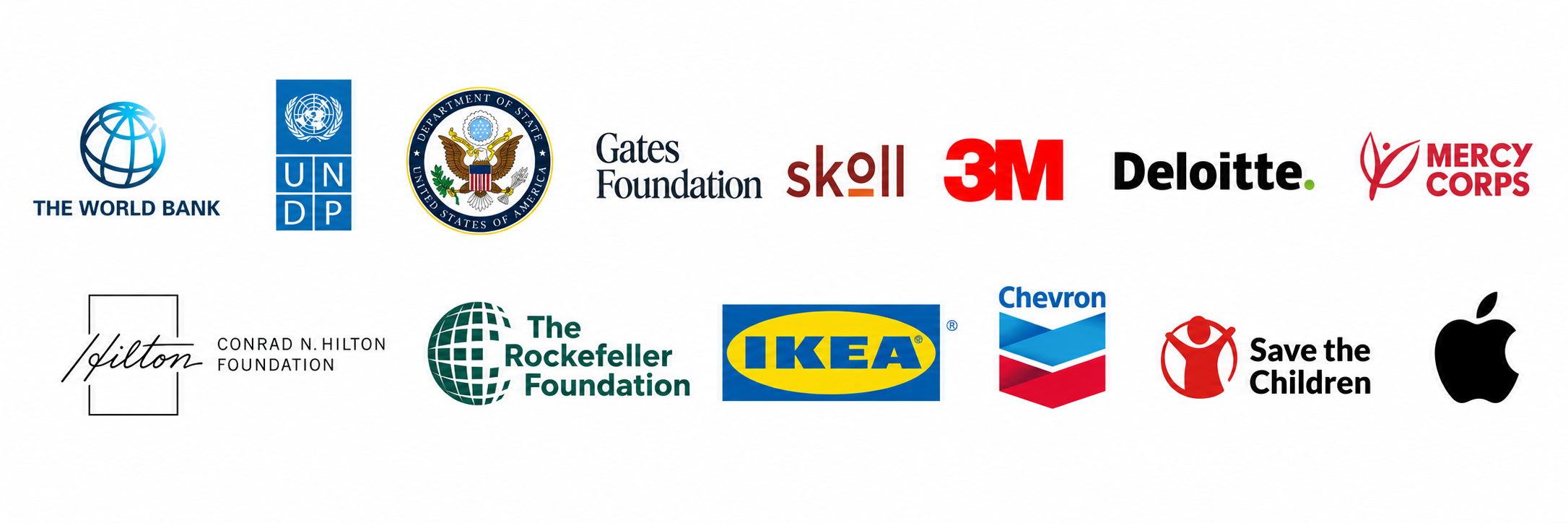 Organizations served, including the World Bank, UNDP, Gates Foundation, 3M, Deloitte, Mercy Corps, IKEA, Chevron, Save the Children, and Apple